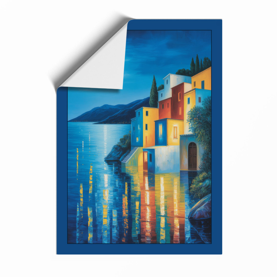Moonlit Mediterranean Harbor Coastal - Framed Print