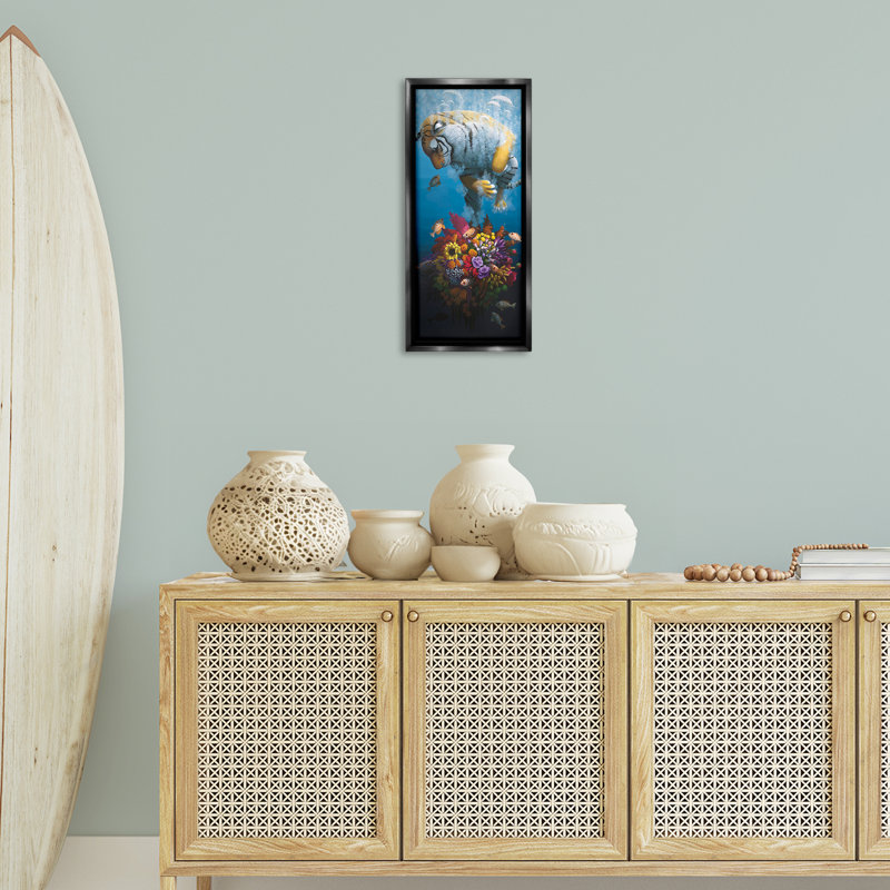 Cadre flottant Curious Tiger & Bouquet sous-marin, design par Heather, H 25 po x l 11 po, Cadre flottant noir de jais