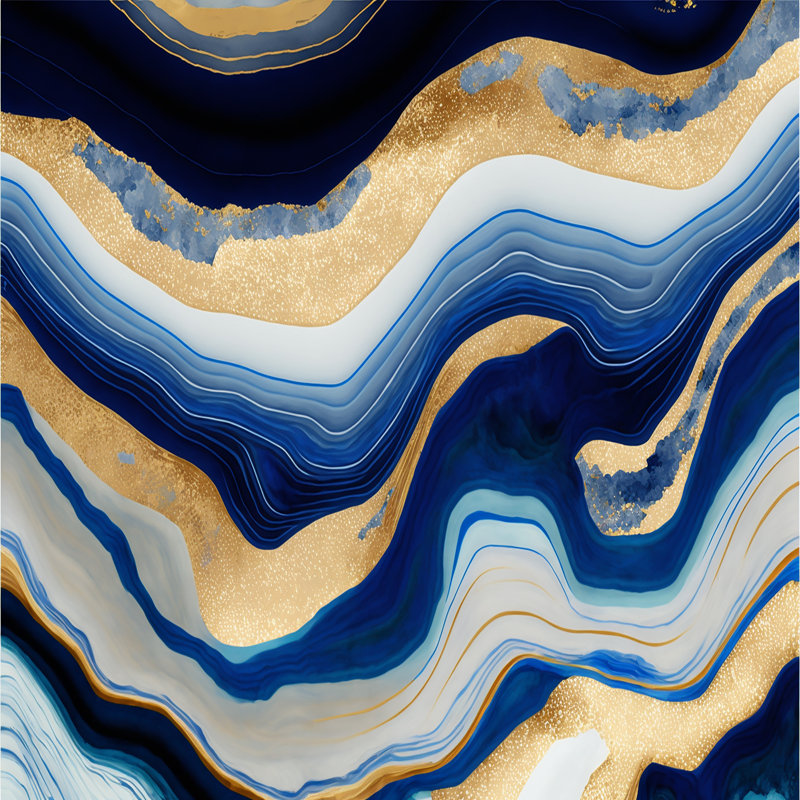 «Vibrant Blue and Gold Flow Art IV», peinture sur toile, Cadre flottant noir, 12" H x 20" W