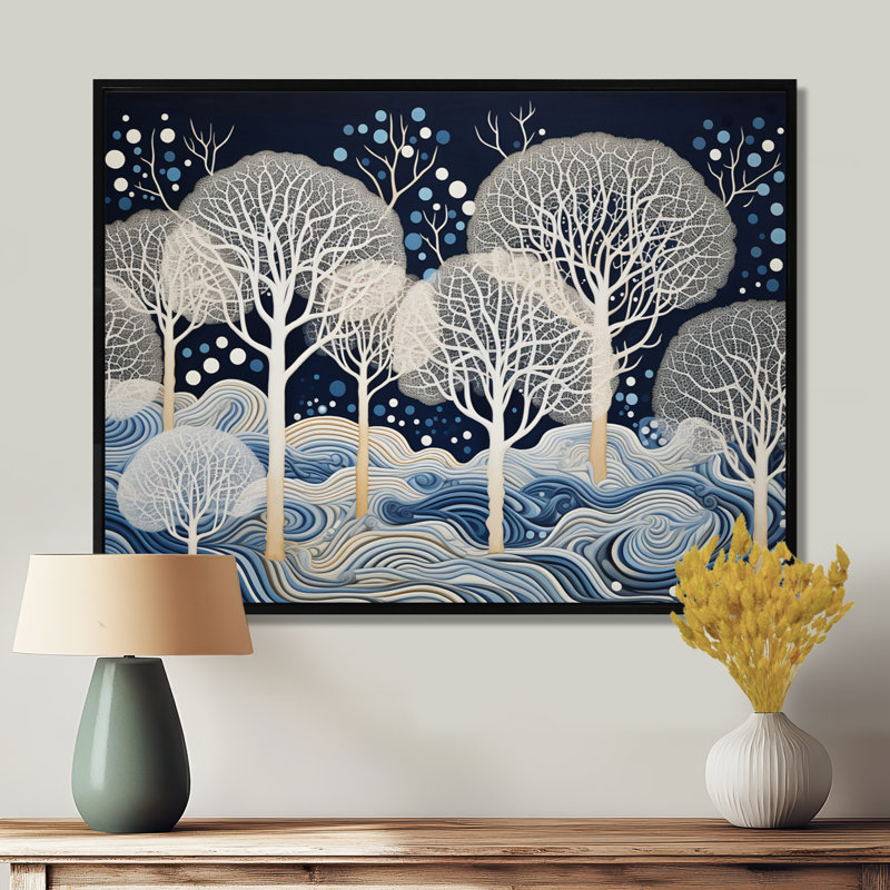 «Winter Magic Trees Blue Night - Tree Oak», reproduction d'art murale, Toile avec cadre flottant noir