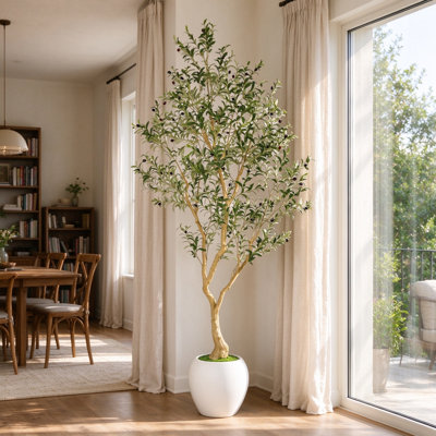 Olive artificielle avec pot blanc décoratif, plante de plancher artificielle pour l'intérieur et l'extérieur couvert