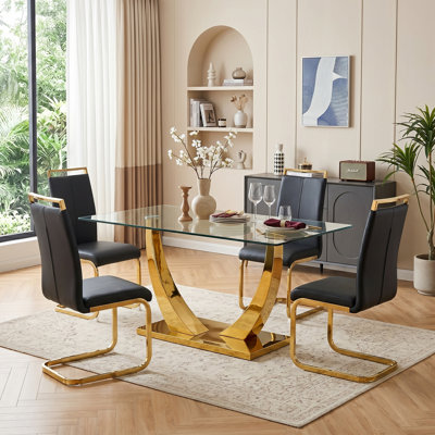 Modern Faux Leather Upholstered Dining Chairs Set of 4 with Gold Base and Handles