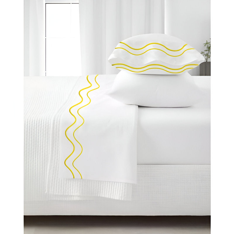 Double Wavy Embroidered Cotton 4 Piece Sheet Set Fitted Sheet Fits Upto 16" Deep Pocket, Yellow Border