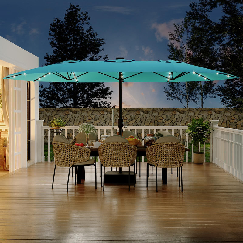 Parasol de patio double face 15 pi avec base et lumières DEL, abat-jour de marché extérieur avec manivelle, mât en acier résistant à la rouille pour table de billard et de jardin, bleu