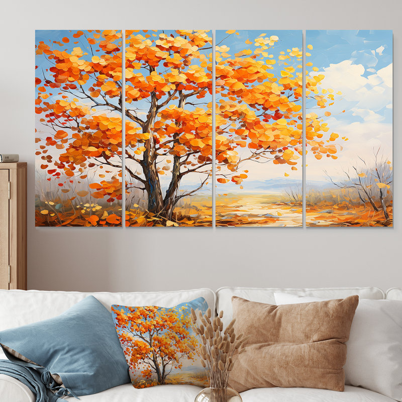 «Orange American Basswood Essence IV», art mural 4 pièces pour salon, H 32 po x l 64 po