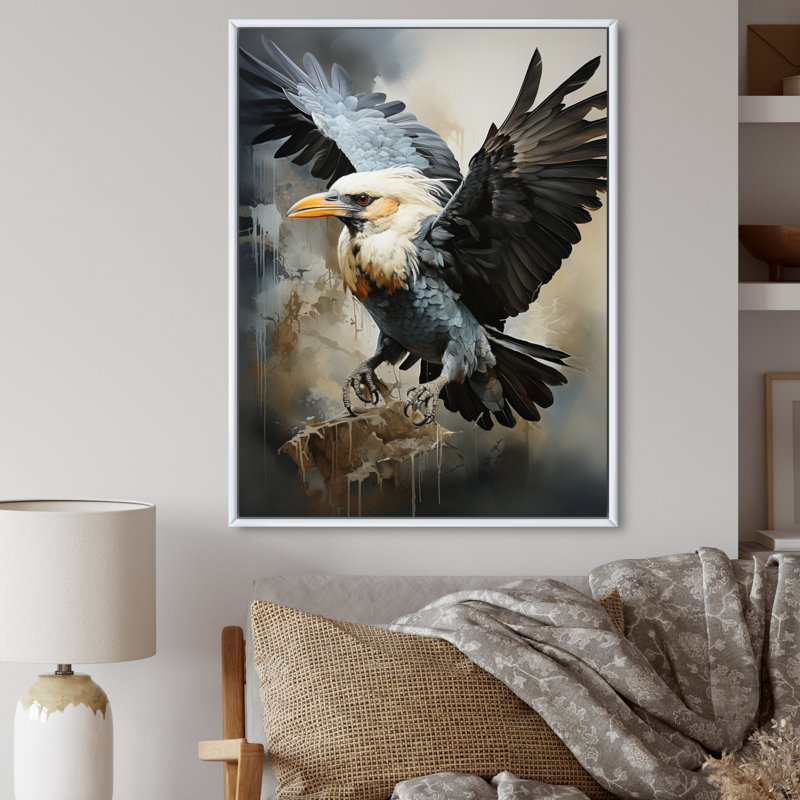 Azima Afrique, vol de calao sur toile, H 32 po x l 24 po x P 1 po, Cadre flottant blanc