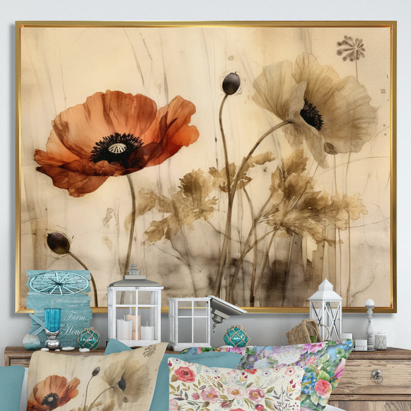 Brilliant Poppies II - art mural floral, Cadre flottant doré, H 34 po x l 44 po x P 1,5 po