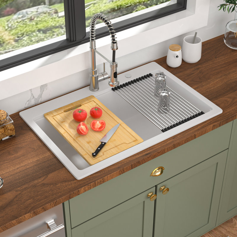 Évier de cuisine Quartz Workstation L 33 po x l 22 po encastré noir avec accessoires, Blanc, 33" L x 22" W
