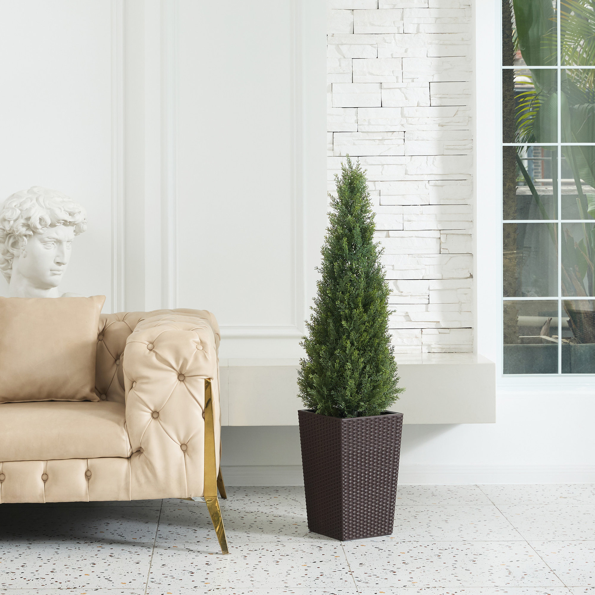 Faux Cedar Topiary Tree 4FT - UV Resistant Fake Cypress Tree with Big Planter and Decorative Plants, 1, Brown