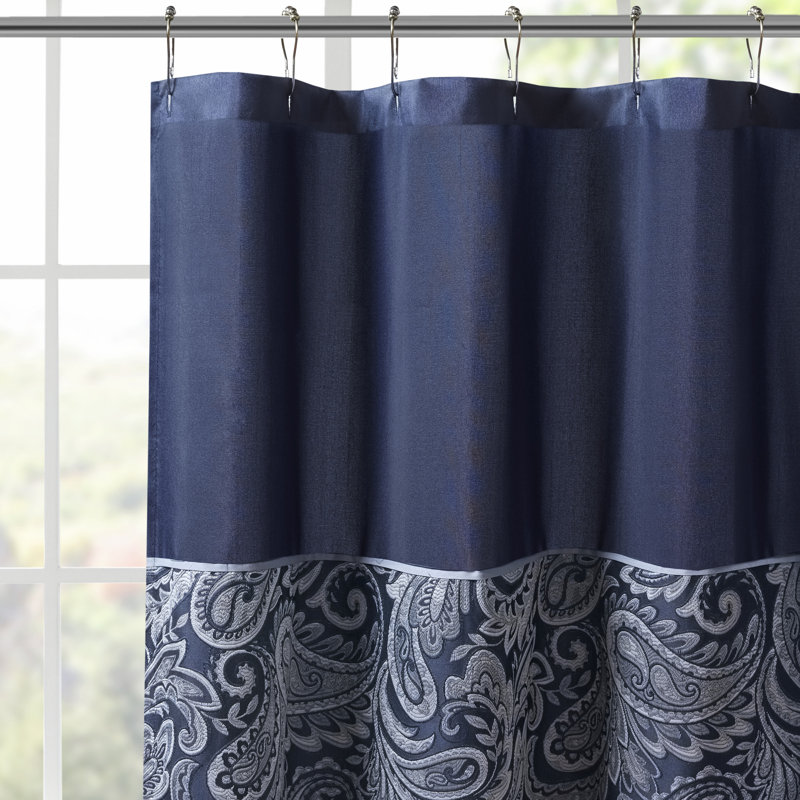 Navy Paisley Jacquard Shower Curtain with Color Block Panel