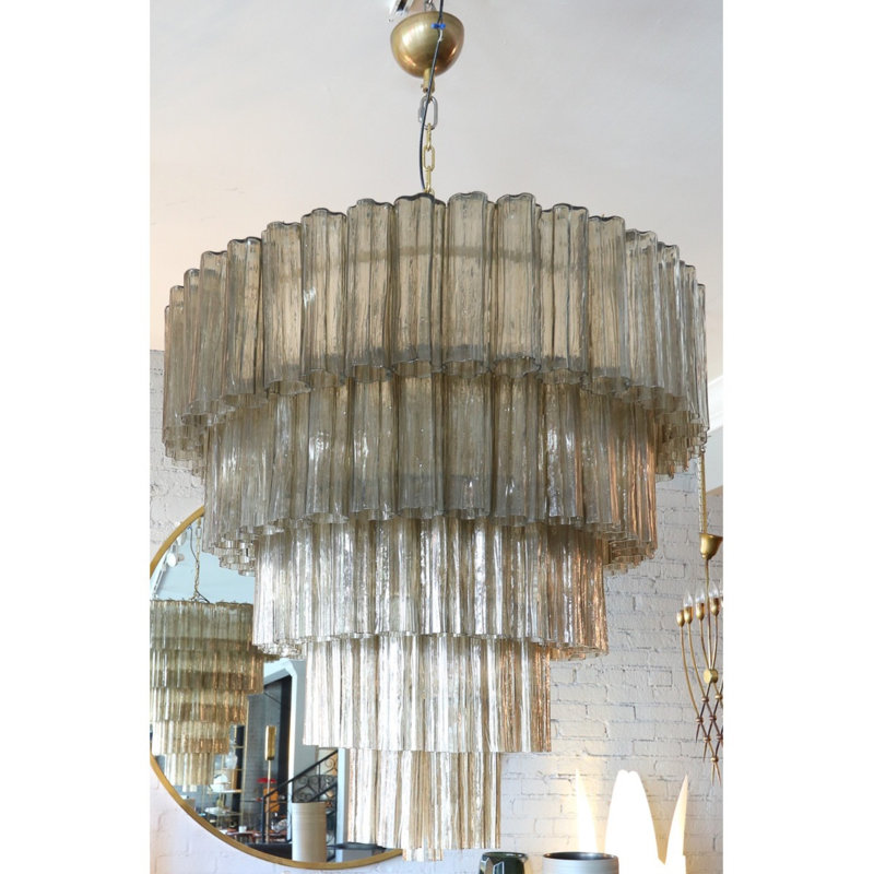 Lustre à niveaux Rano Murano fumé, Laiton antique, Transparent / blanc / ambre, 50" Diameter x 55" Height