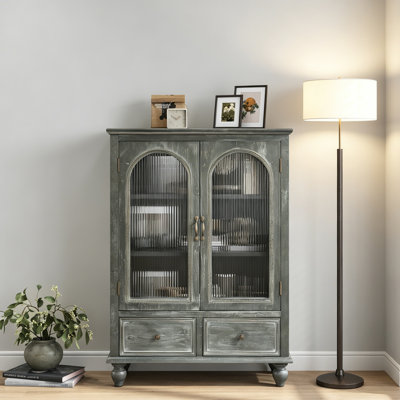 Farmhouse-Style Distressed Wooden Sideboard With 2 Glass Doors And 2 Drawers