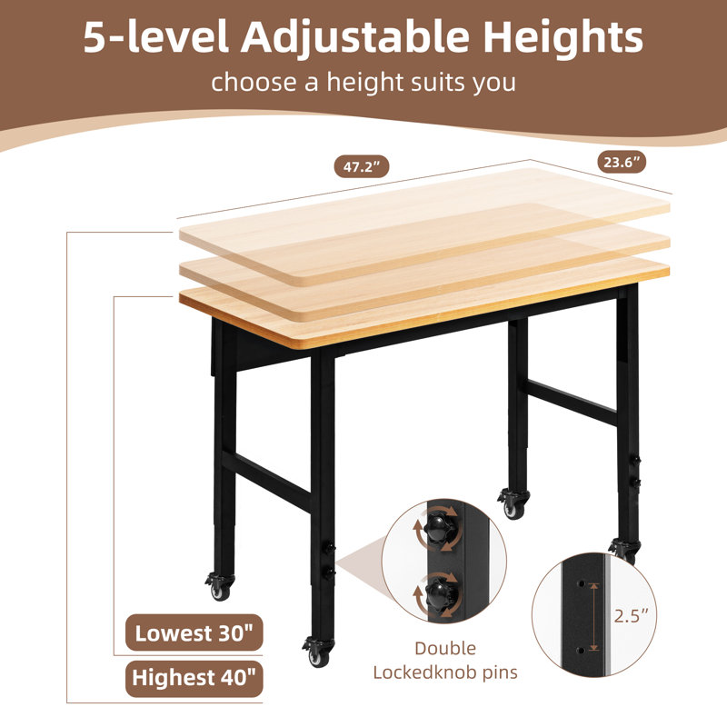 Vuyo 48" Adjustable Heavy-Duty Work Bench with Locking Universal Wheels & Metal Frame,Workshop Garage Table