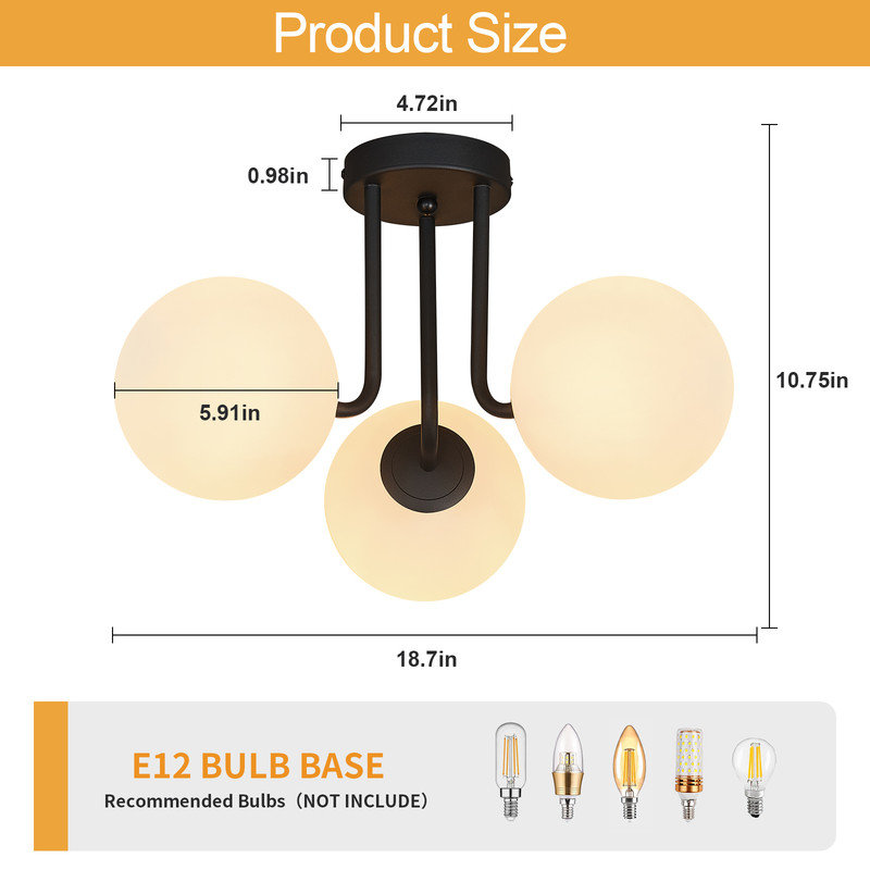 Semi Flush Mount Ceiling Light White Globe Glass Shade Ceiling Lights Modern  Ceiling Light Furnitures for Farmhouse,Dinning Room,Living Room,Foyer Hallway(3 light)