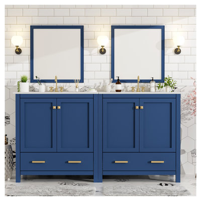 60" Blue Double Sink Bathroom Vanity Set with Solid Wood and MDF Construction, Storage Cabinets Included
