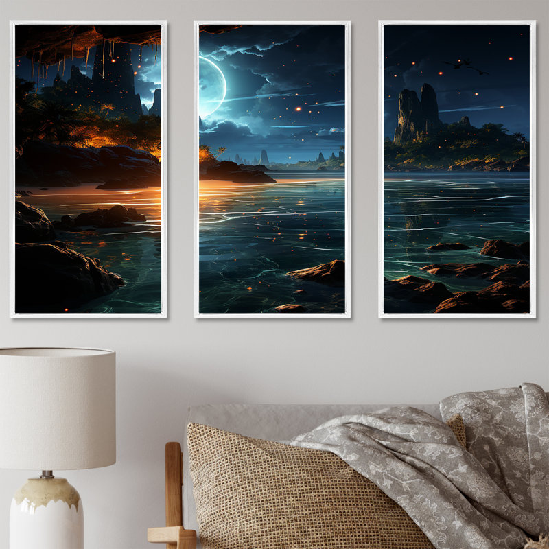 Mystic Tropical Beach Moonlight IV - Art mural plage, Cadre flottant blanc, H 32 po x l 48 po x P 1 po
