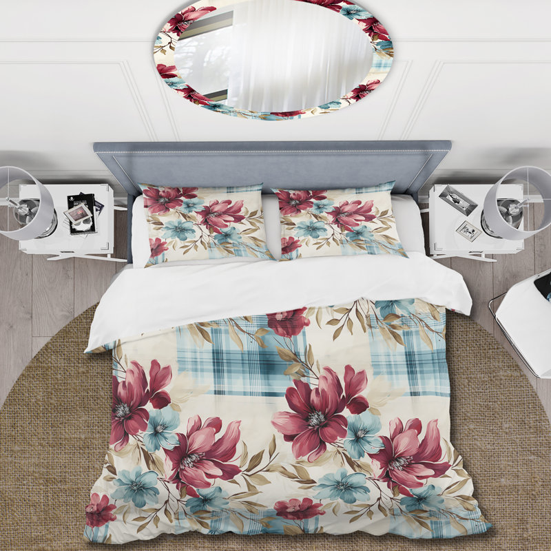 Motif de fleurs bohémiennes à carreaux roses et bleus - Ensemble de housse de couette à carreaux - Microfibre de polyester