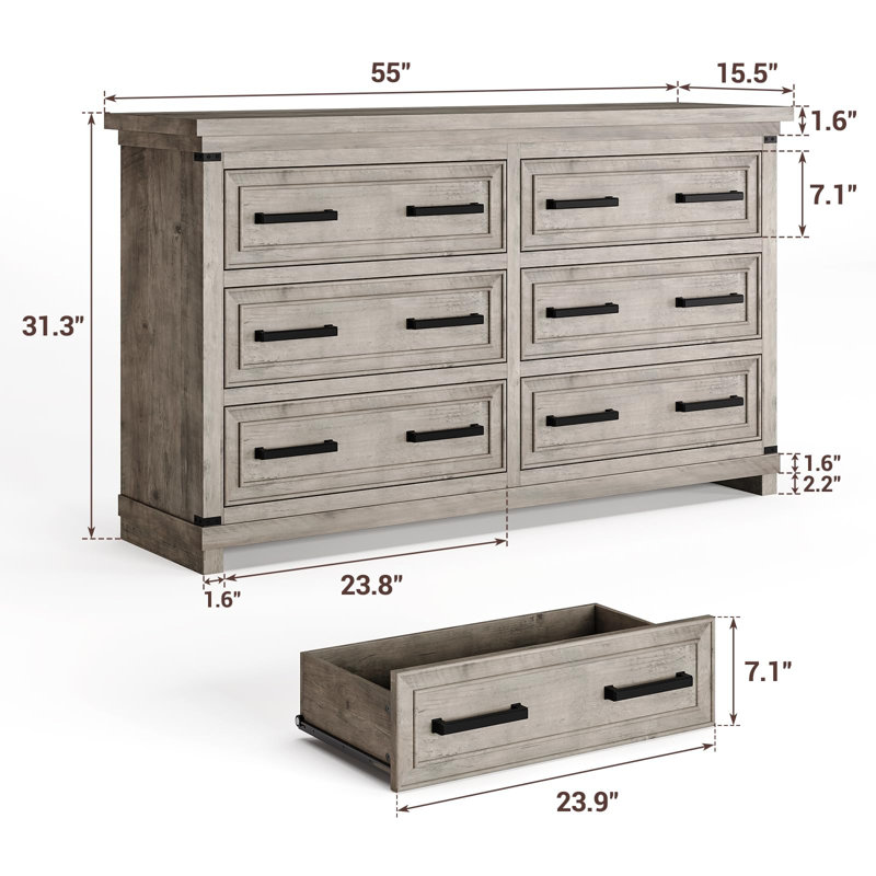 Farmhouse 6 Drawer Dresser, Rustic Wood Chest for Bedroom or TV Stand, Grey