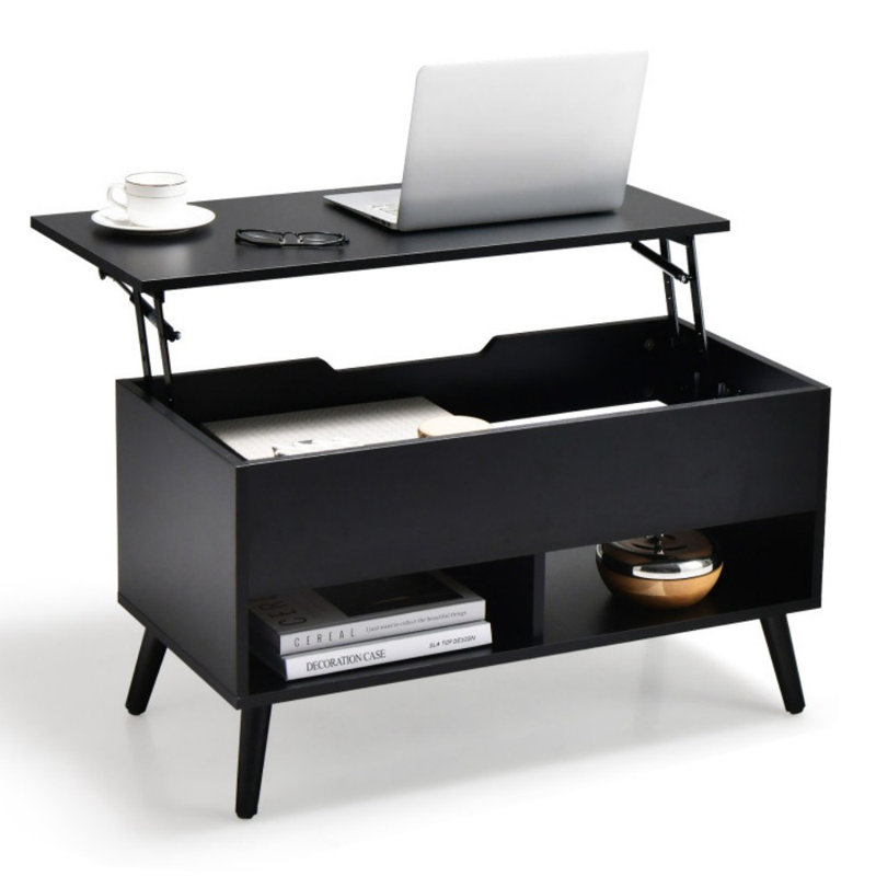 Table basse à plateau relevable 31,5 po avec rangement dissimulé et 2 tablettes ouvertes, Black