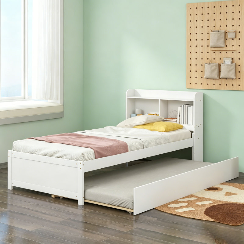 Lit simple avec lit gigogne et tête de lit bibliothèque, pour un rangement compact et élégant, White