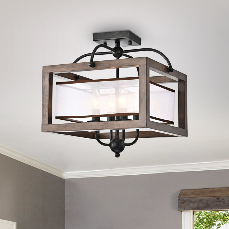Nilles 4 - Light 16“ Antique Black Metal Natural Wood Flush Mount
