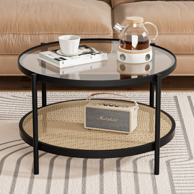 Glass Top Coffee Table with Woven Metal Shelf, Round