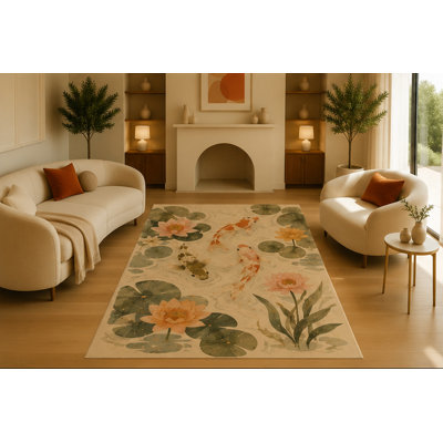 5' x 7' Koi Fish Lotus Area Rug for Living Room, Soft Low Pile Indoor Rug with Non-Slip Silicone Backing, Decorative Carpet for Bedroom, Office, Zen Spa & Meditation Room, Ivory