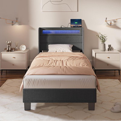 Dimtry Upholstered Bed with Headboard, LED Lights and USB Power Strips