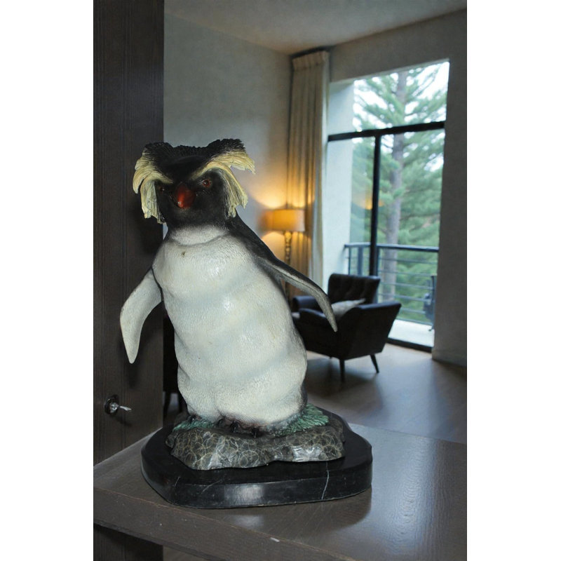 Statue pingouin Rockhopper en bronze 20 po sur base de marbre 16 po x 15 po x H 20 po