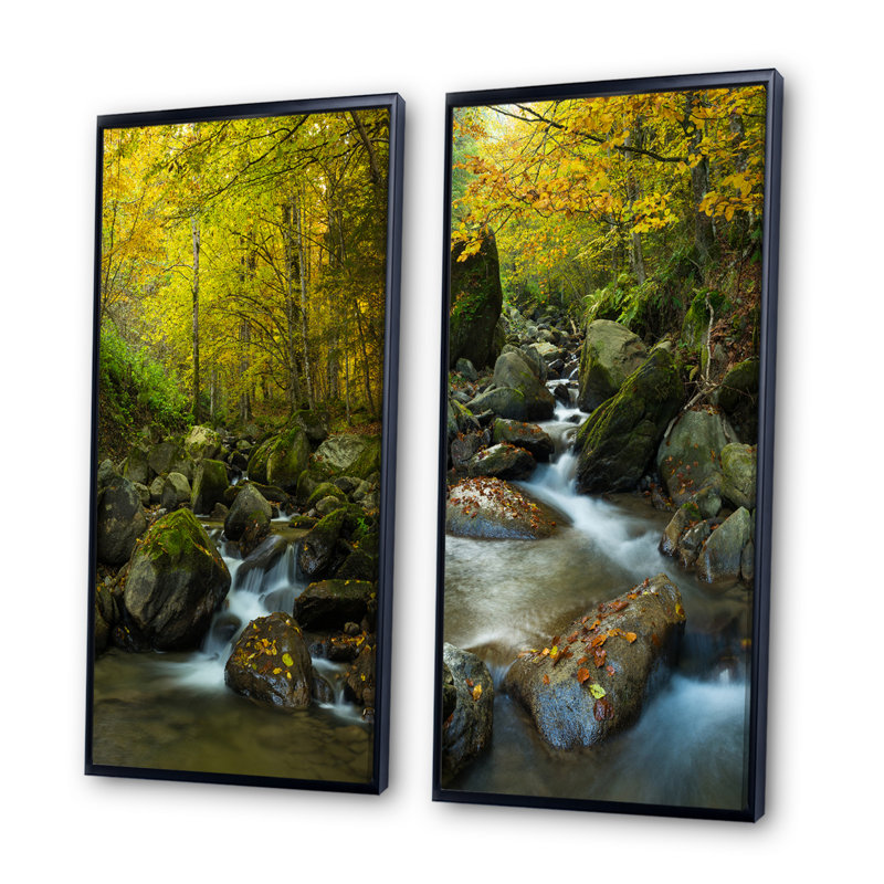 «Beautiful Summer Forest Waterfall», ensemble de 2 peintures sur toiles, H 20 po x l 24 po x P 1 po, Cadre flottant noir