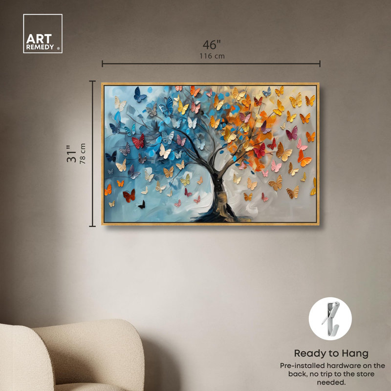 Fluttering on Tree III Canvas Colourful Tree Art by Art Remedy, 31.5" H x 46.5" W x 1.2" D, Gold Floater Framed