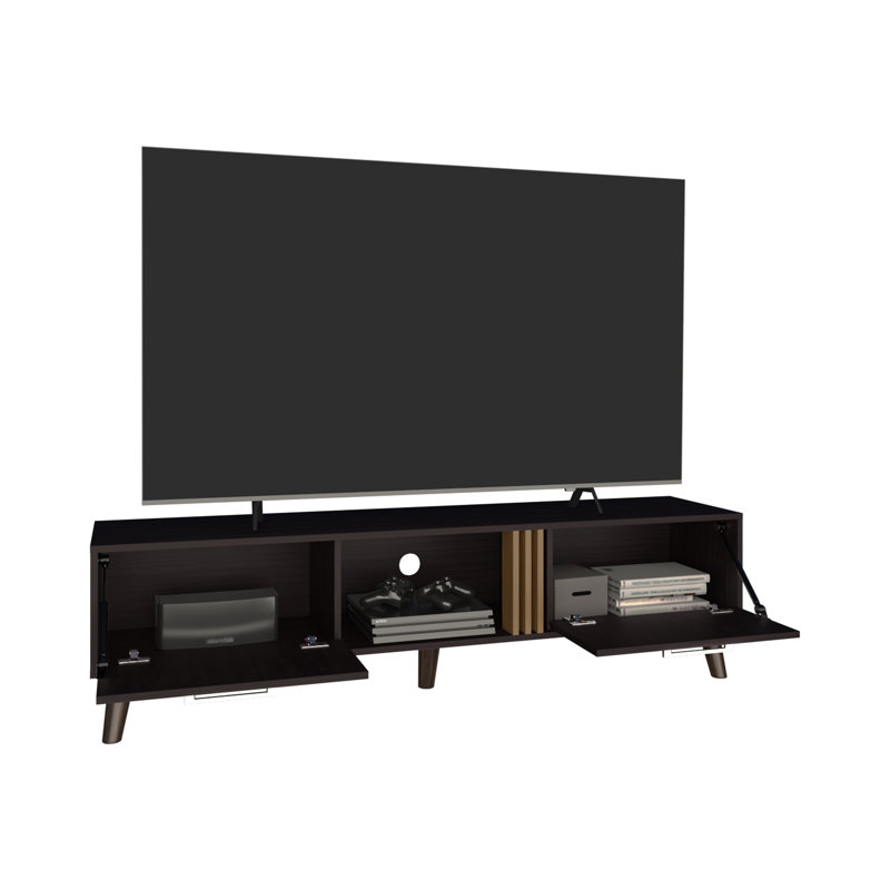 Meuble télé avec deux armoires rétractables, deux tablettes, gestion des câbles, salon, salle de télévision