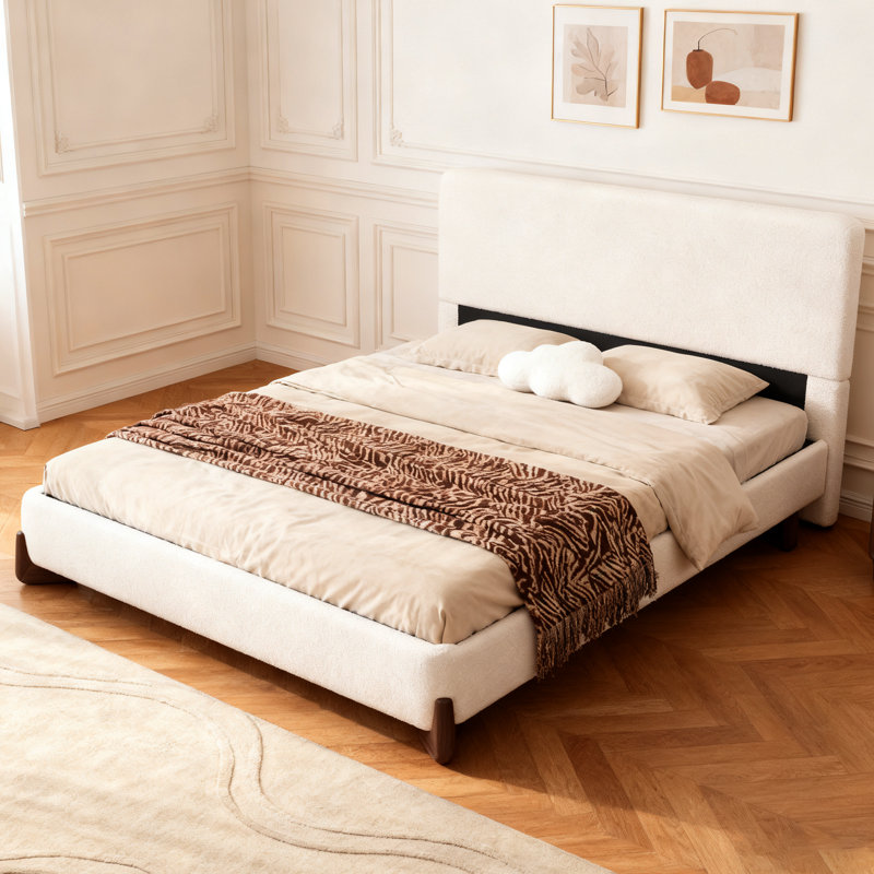Grand lit tapissier avec pieds en bois massif, Grand lit