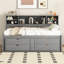 Lit de jour gris avec 2 armoires de chevet, 4 tiroirs et tablettes supérieures, mobilier de chambre fonctionnel et tablettes polyvalentes-370607663