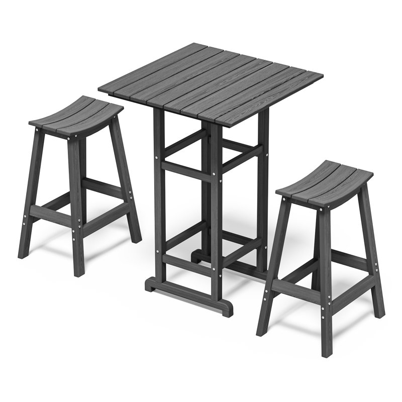 3-piece Hdpe Outdoor Bar Set – Square Patio Table & 2 Bar Stools, All-weather, Eco-friendly Furniture For Balcony, Garden, Poolside