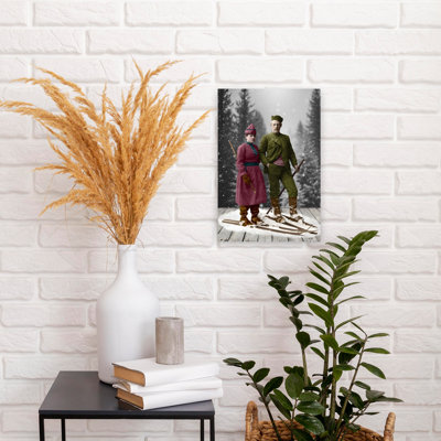 Vintage Ski Couple Classic Retro Vintage Forest Mountain Wall Art Print 1 Piece Wrapped Canvas Wall Art