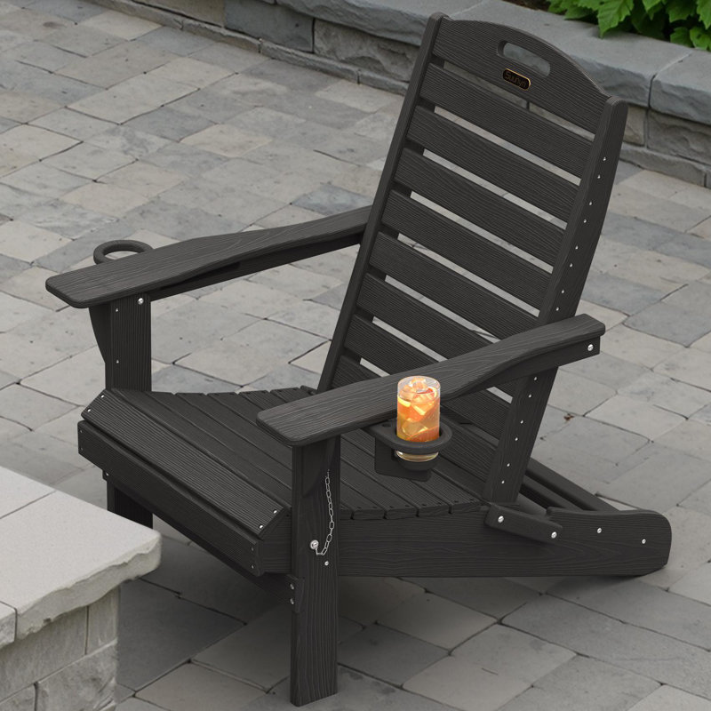 Outdoor Fire Pit Chairs Weather-Resistant HDPE Foldable Outdoor Adirondack Chair With Cup Holder, Black