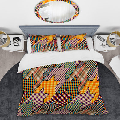 Brown And Yellow Patchwork Polyester Houndstooth Duvet Cover