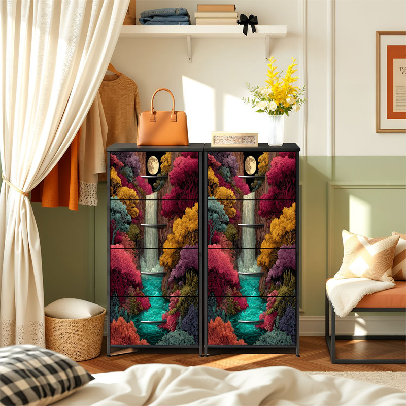 Commode pour chambre à coucher avec 4 tiroirs de rangement Cascade vibrante et fantaisie entourée d'arbres d'automne colorés sous la commode