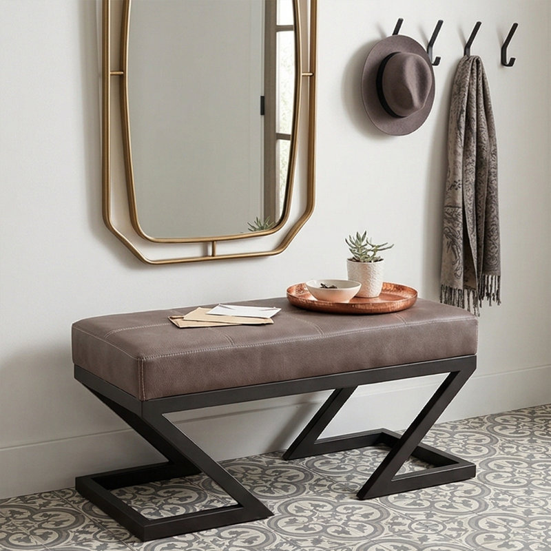 Z-Frame 36" Wide Modern Upholstered Bench with Metal Base, Anthracite