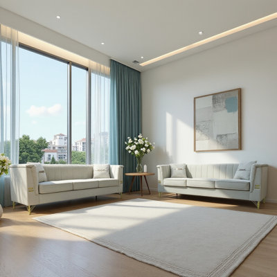 Salon contemporain pour 2 personnes, canapés 3 places en velours beige avec pieds en métal doré et revêtement respirant, ensemble de 2 pièces, pieds inclus, idéal pour les espaces de détente au bureau.