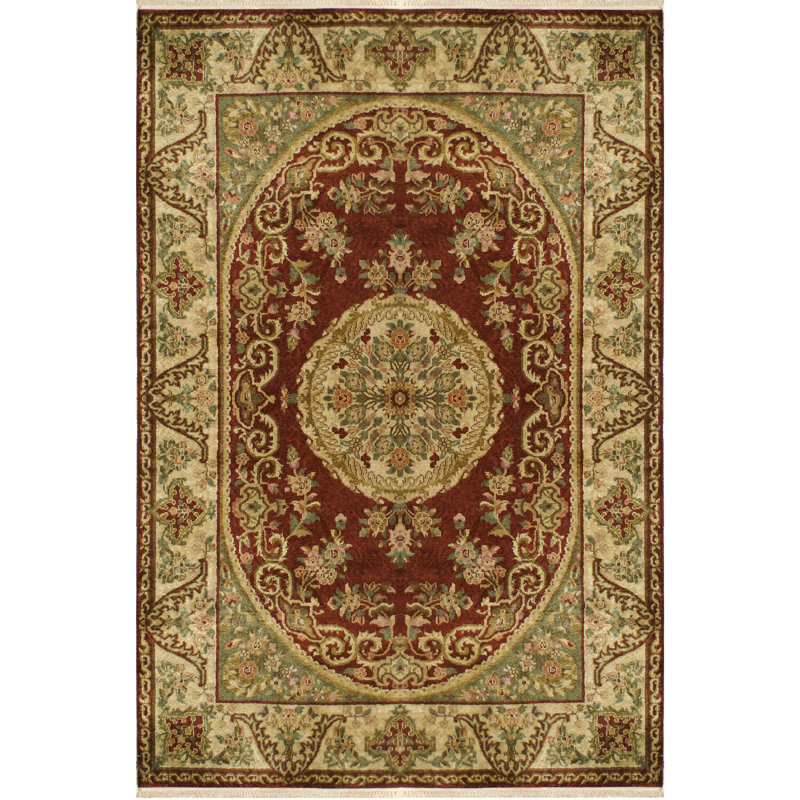 Tapis bourgogne / vert en laine touffeté à la main Masuda, Rectangle 11 pi 6 po x 14 pi 6 po