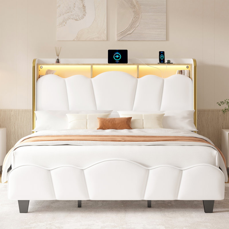 Bed Frame With Flower Shape Upholstered Headboard And Storage Shelf,With Charging Station And Led Lights, White, King