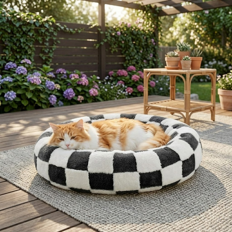 Mignon lit de beignet apaisant rond noir et blanc de style rétro pour petits chiens et chats, pelucheux et lavable