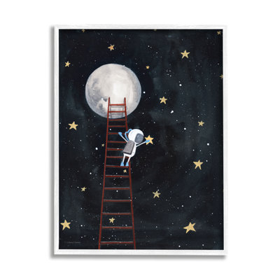 Astronaut Hanging Stars Outer Space Ladder to Moon White Framed Giclee Texturized Art by Rachel Nieman