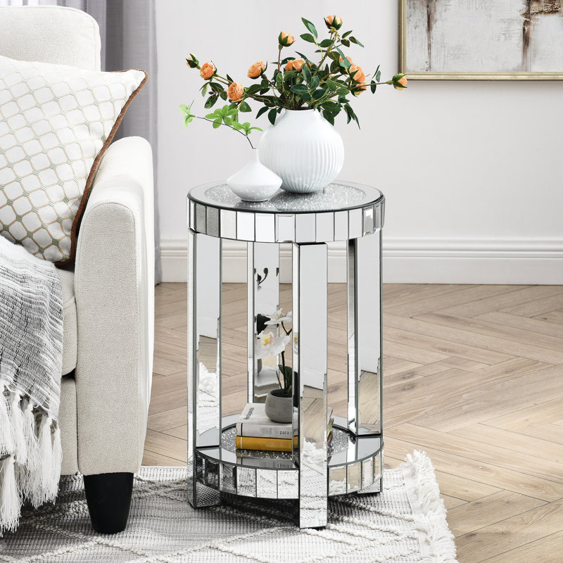 Table de bout ronde à miroir 2 couches en argent - incrustation de cristal pour la chambre à coucher, le salon et la chambre à coucher