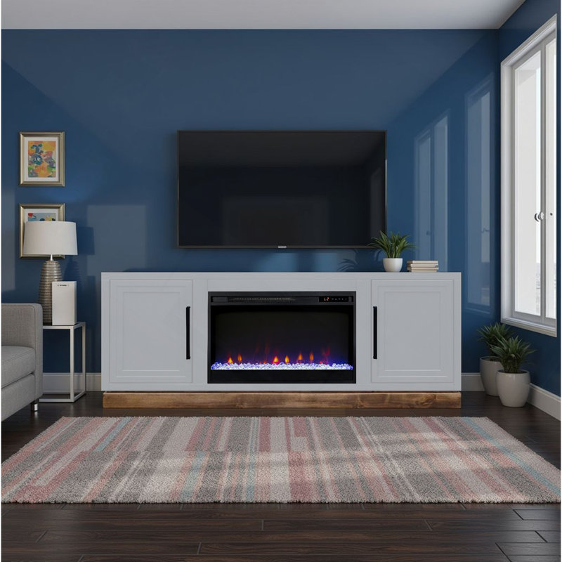 Meuble télé 64 po avec foyer pour téléviseur de 85 po ou moins, finition jasmin blanc et bois de grange
