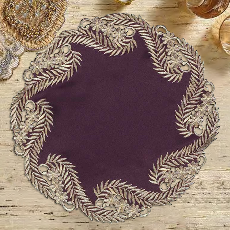 Luxury Round Embroidered Table Doilies of Anyce Collection for Dining Room Decor and Christmas Table Decor, Plum/Gold