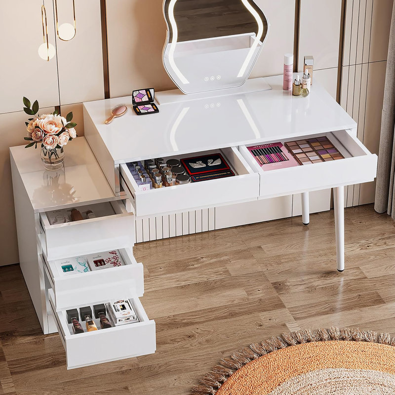 Bureau 39,37 pouces blanc brillant moderne avec 5 tiroirs et support pour imprimante, ordinateur de bureau réversible et coiffeuse pour petits espaces