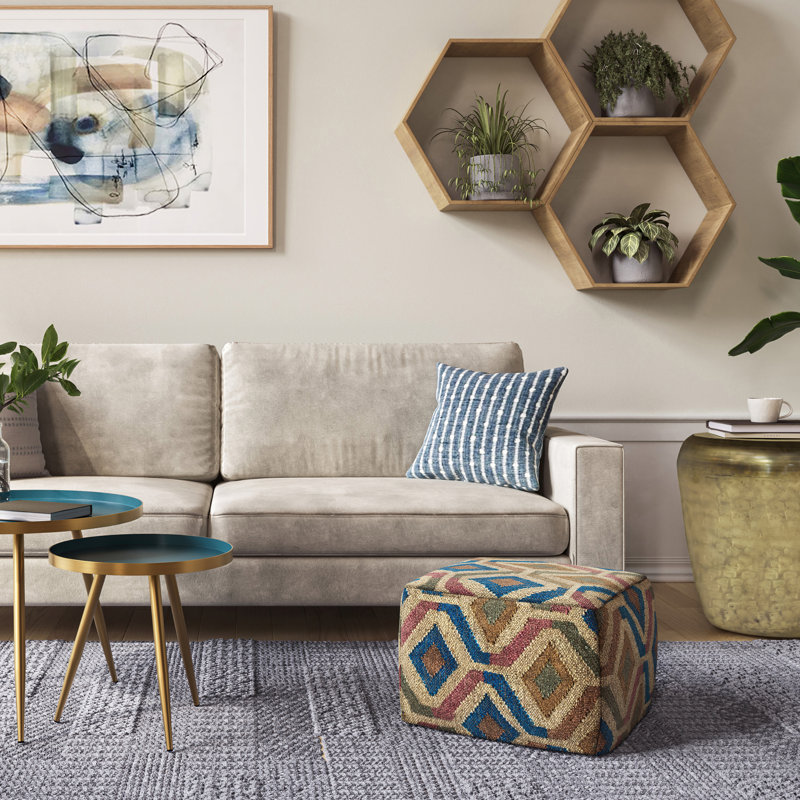 Johanna 20"W Jute Square Pouf, Blue/Brown Wool